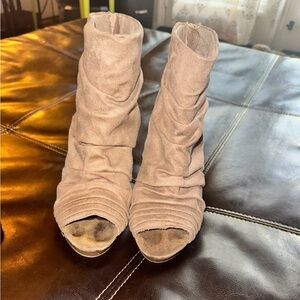 Women’s Suede Peep-Toe Booties in Taupe